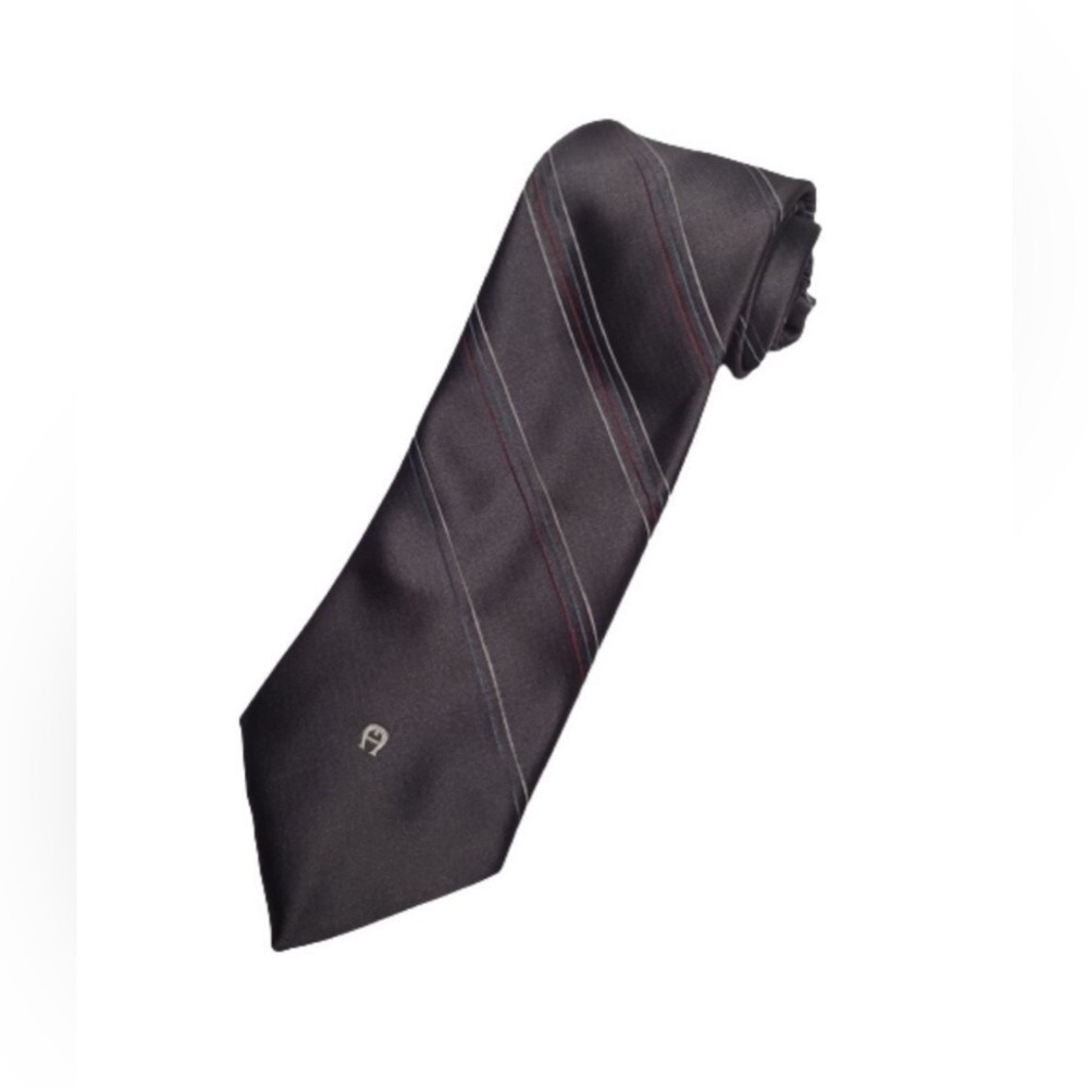 Etienne‎ Aigner Mens Necktie Charcoal Grey Striped Silk Blend Logo Formal Tie